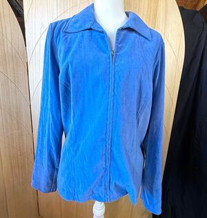 Stretch Womens L Blue Solid Collared Full Zip Long Sleeve Polyester Blouse